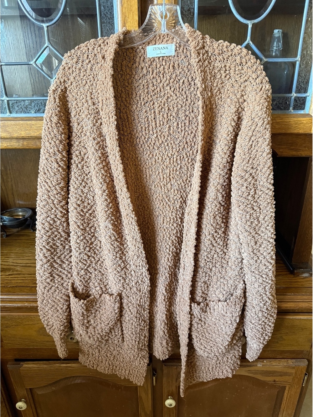 Zenana Popcorn Knit Cardigan Open Front Pocket Sweater Camel Tan Large